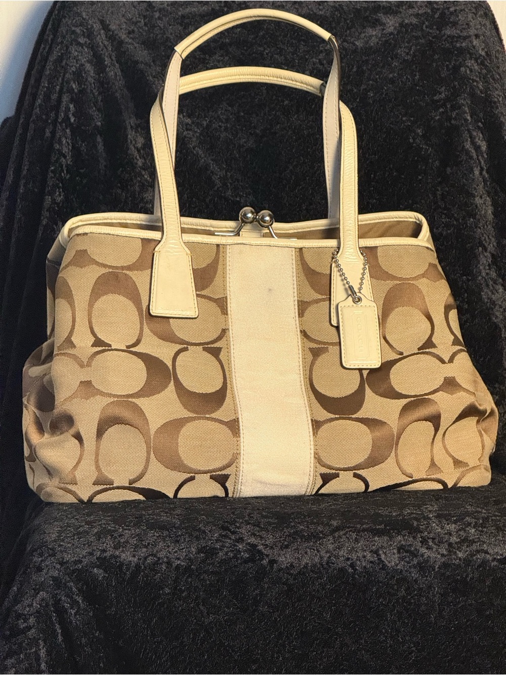 Coach Signature stripe frame khaki hold Chalk Stripe Tote purse ND1069-F13533